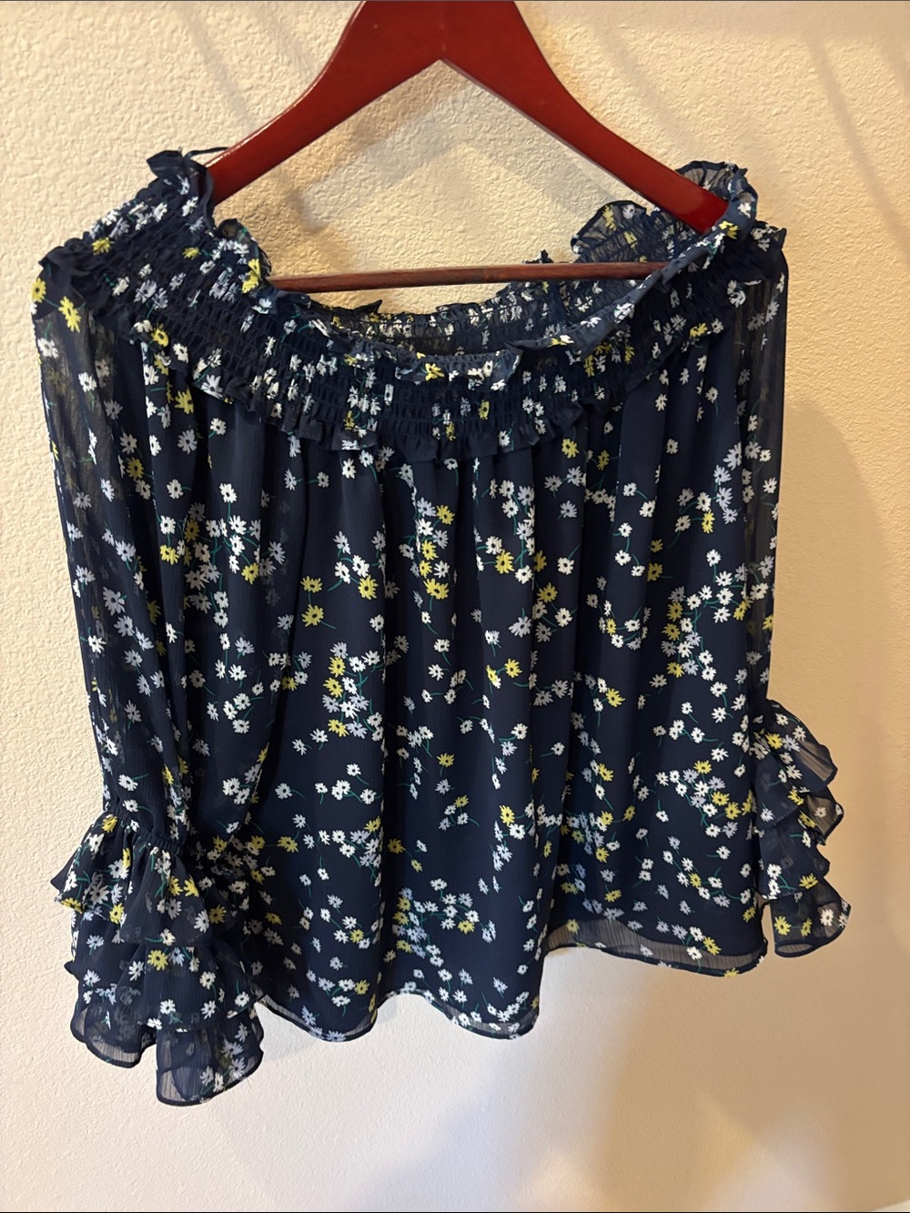 CeCe Navy Floral Smocked Ruffle Top